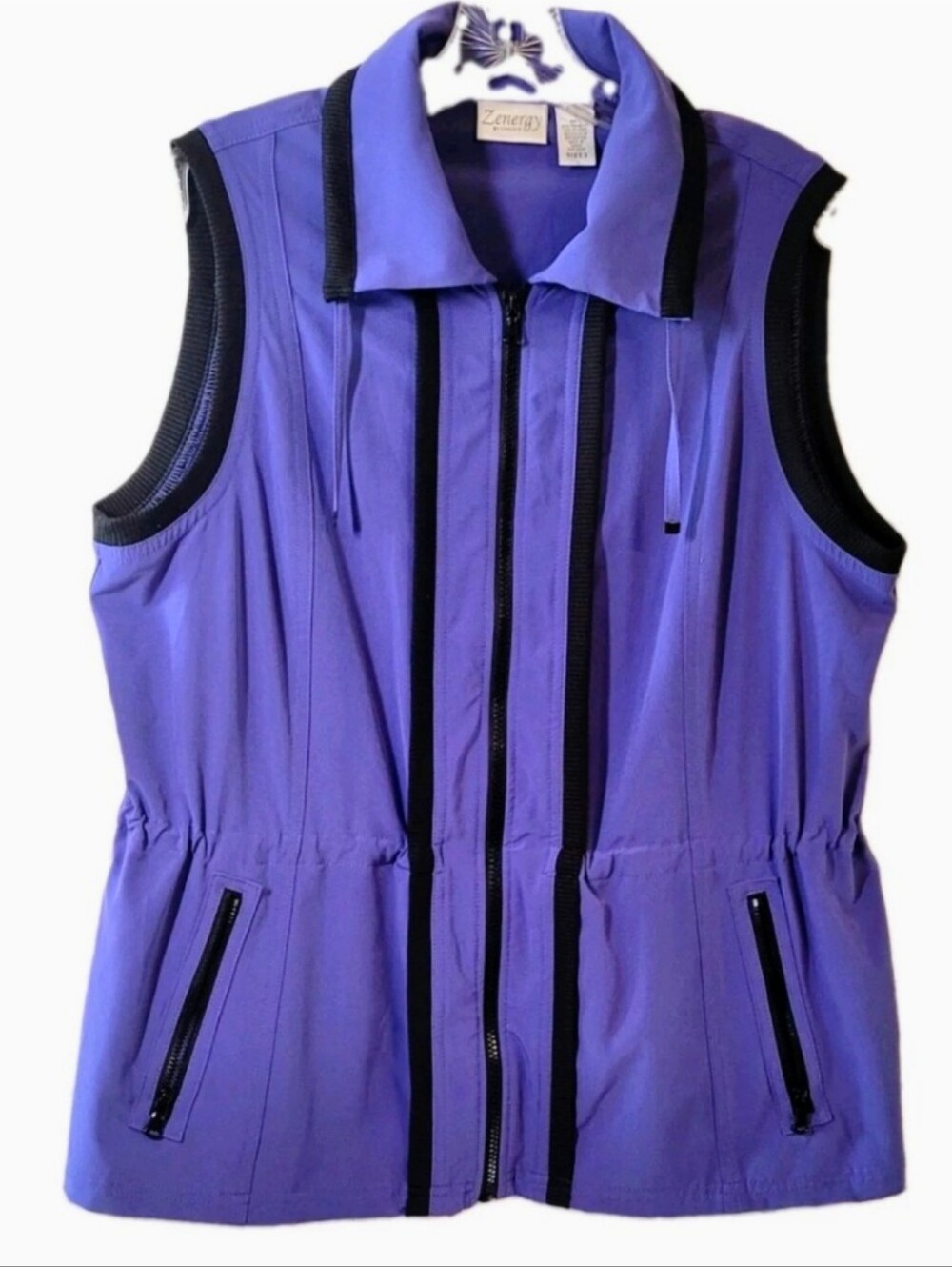 Zenergy by Chico's Womens Purple Full Zip Vest Size 2=Medium Black Trim Outdoor